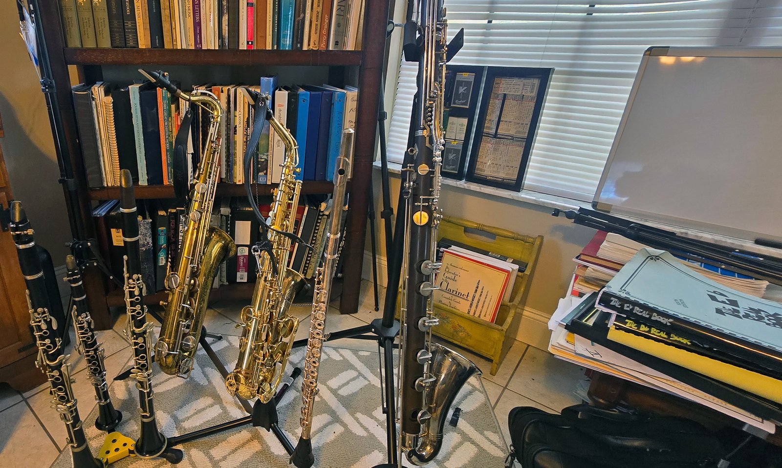 Clarinets, saxophones, and music books used in lessons with Robin Ryon