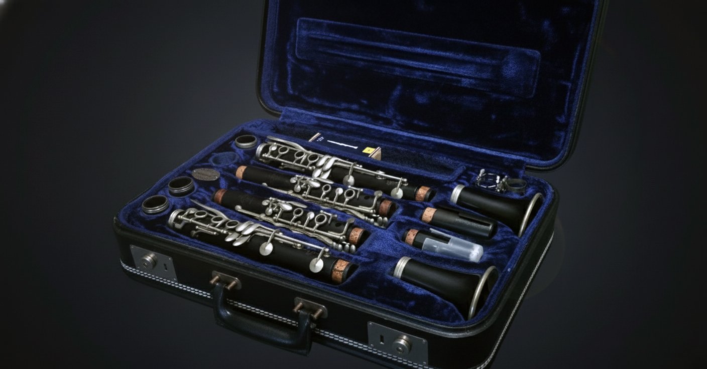 A clarinet arranged inside a blue-lined instrument case